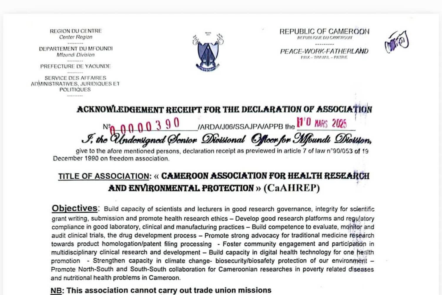 The Cameroon Association For Health Research And Environmental Protection » (CAAHREP) Team
